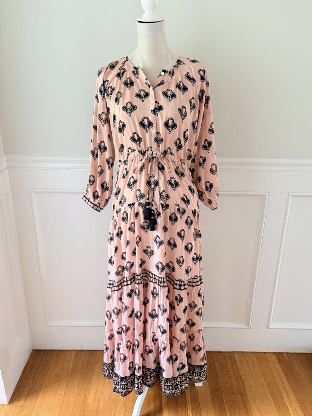 Alicia Bell Printed Boho Maxi Dress Small Tan Black Silk Cotton Blend